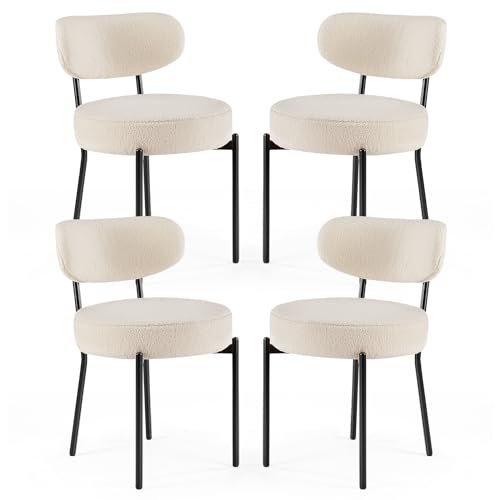 Mid-Century Modern Round Dining Chairs with Boucle Upholstery