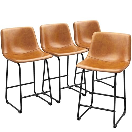 Modern Brown 26 PU Leather Bar Stools for Kitchen Island (Set of 4)