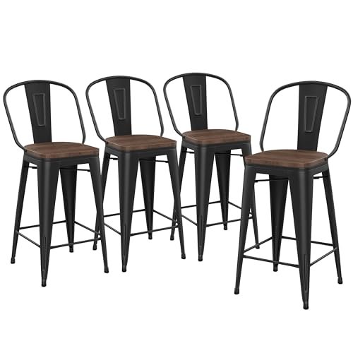 Yongqiang Industrial Matte Black 26 inch Bar Stools with Wooden Seat for Kitchen Counter