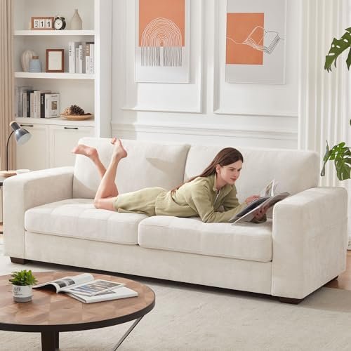 Beige Chenille 3-Seat Living Room Sofa with USB/Type-C Charging