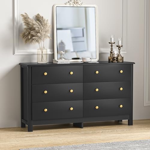 Modern Black 6-Drawer Dresser with Gold Pulls for Bedroom, for Adults and Kids