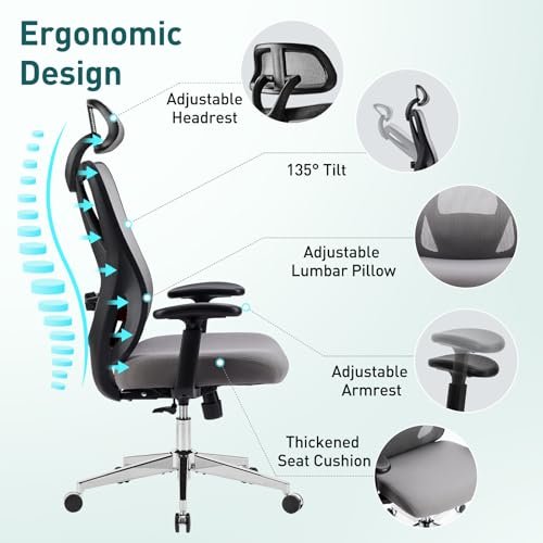 Superone High Back Ergonomic Office Chair, Grey with Adjustables