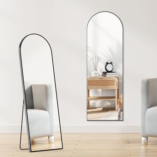 Black Aluminum Arch Mirror with Stand - 59x16 Full-Length for Bedroom/Cloakroom