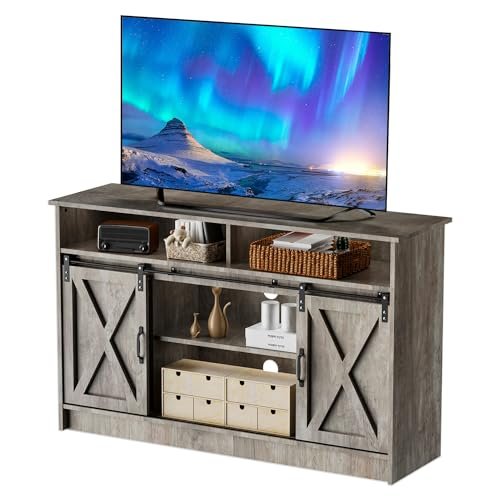 65 Inch TV Stand with Adjustable Shelves and Sliding Barn Door