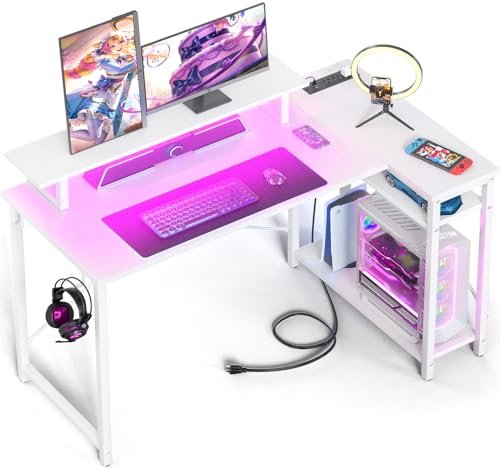 Homieasy L-Shaped Gaming Desk with Power Outlet & LED Lighting