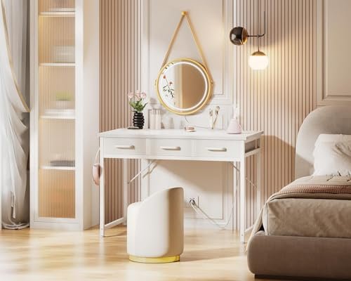 Compact vanity desk for girls with drawers & charging station