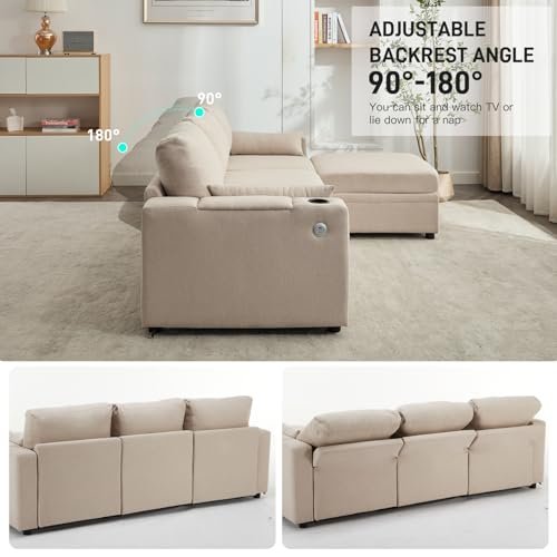 Modular Sectional Couch with Storage, L-Shaped Sofa with USB & Cupholders, Deep Seat Couch with Chaise, 4-Seat Sectional for Living Room (Beige)