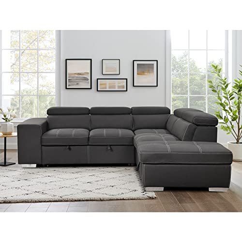Grey 5 Seater Microfiber L-Shaped Sleeper Sofa with Chaise & Ottoman