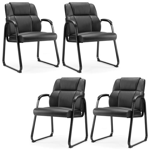 Leather Office Guest Chairs - Set of 4, Comfy Arms, Sturdy Base