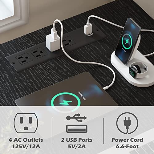 SuperJare Black L-Shaped Desk with Power Outlets Dual Monitor Stand