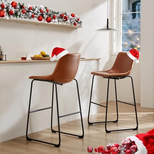 Modern Brown Leather Bar Stool Set, 4pcs, 26" Counter Height