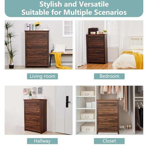 Skillmiad Walnut 5-Drawer Dresser - Classic Storage for Bedroom, Hallway, and Entryway