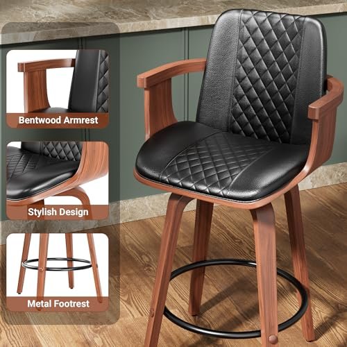 Mid-Century Modern 26 Swivel Bar Stools with Wooden Arms - Black PU Leather