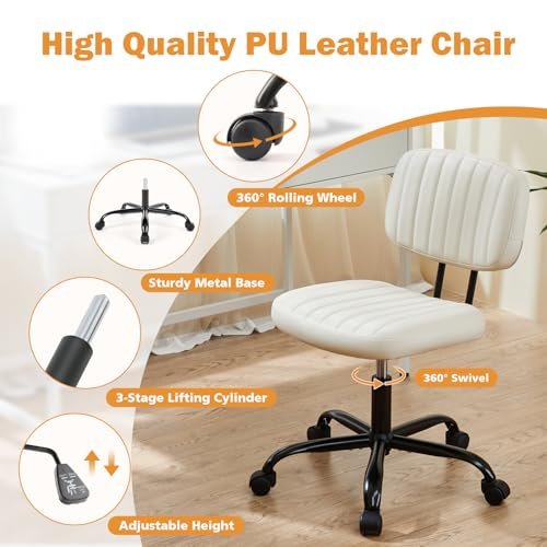 Cream White Armless Office Chair with Wheels for Small Spaces