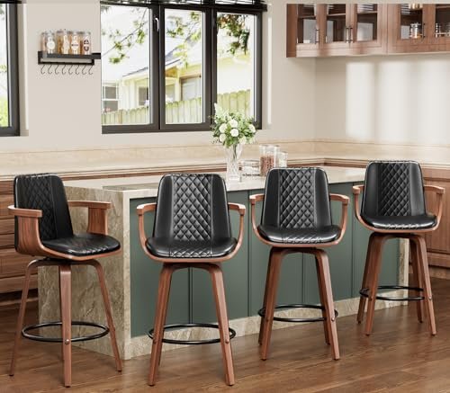 Mid-Century Modern 26 Swivel Bar Stools with Wooden Arms - Black PU Leather