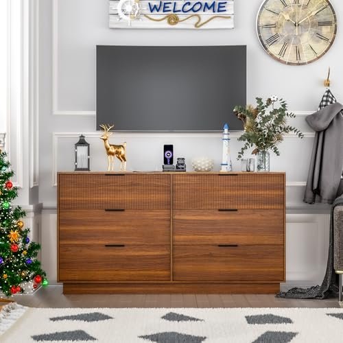 Modern Vintage 6-Drawer Dresser with Charging Station (Brown)