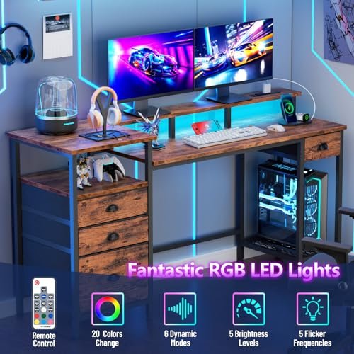 60-Inch Rustic Brown Computer Desk with Drawers & Power Outlets for Home Office