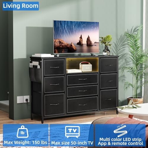 Black LED Dresser for Bedroom with Charging Station and Storage