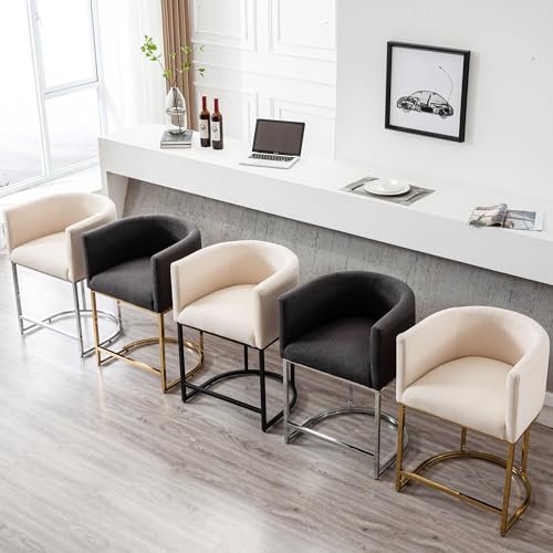 Modern Linen Fabric Kitchen Counter Stools, Black Frame, Set of 2, 24-inch