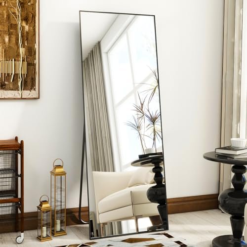 Black Floor Mirror with Stand Aluminum Frame