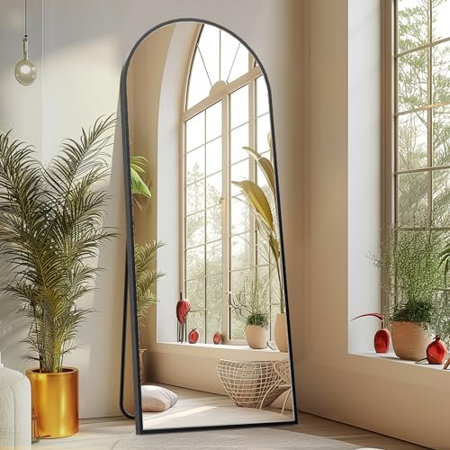 Superone Black Aluminum Arched Full-Length Body Mirror with Stand for Bedroom