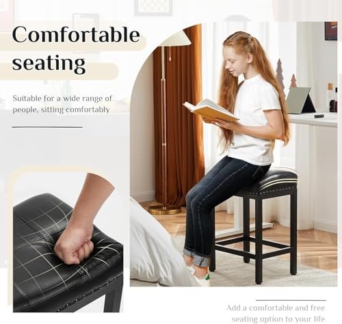 Modern Black PU Leather Bar Stools Set of 4, 24 Inch Counter Height