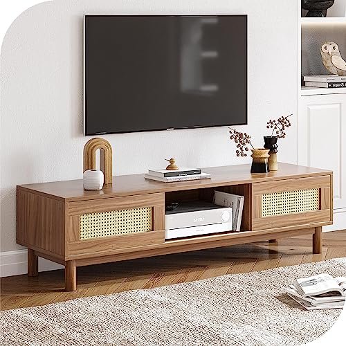DWVO Boho Wood 58 Inch Rattan TV Stand for 65 Inch TVs