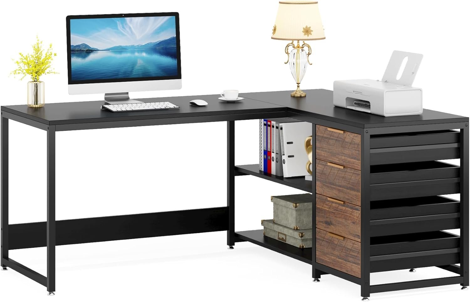 Tribesigns Black L-Shaped Desk with Storage, 59" Corner Office Desk