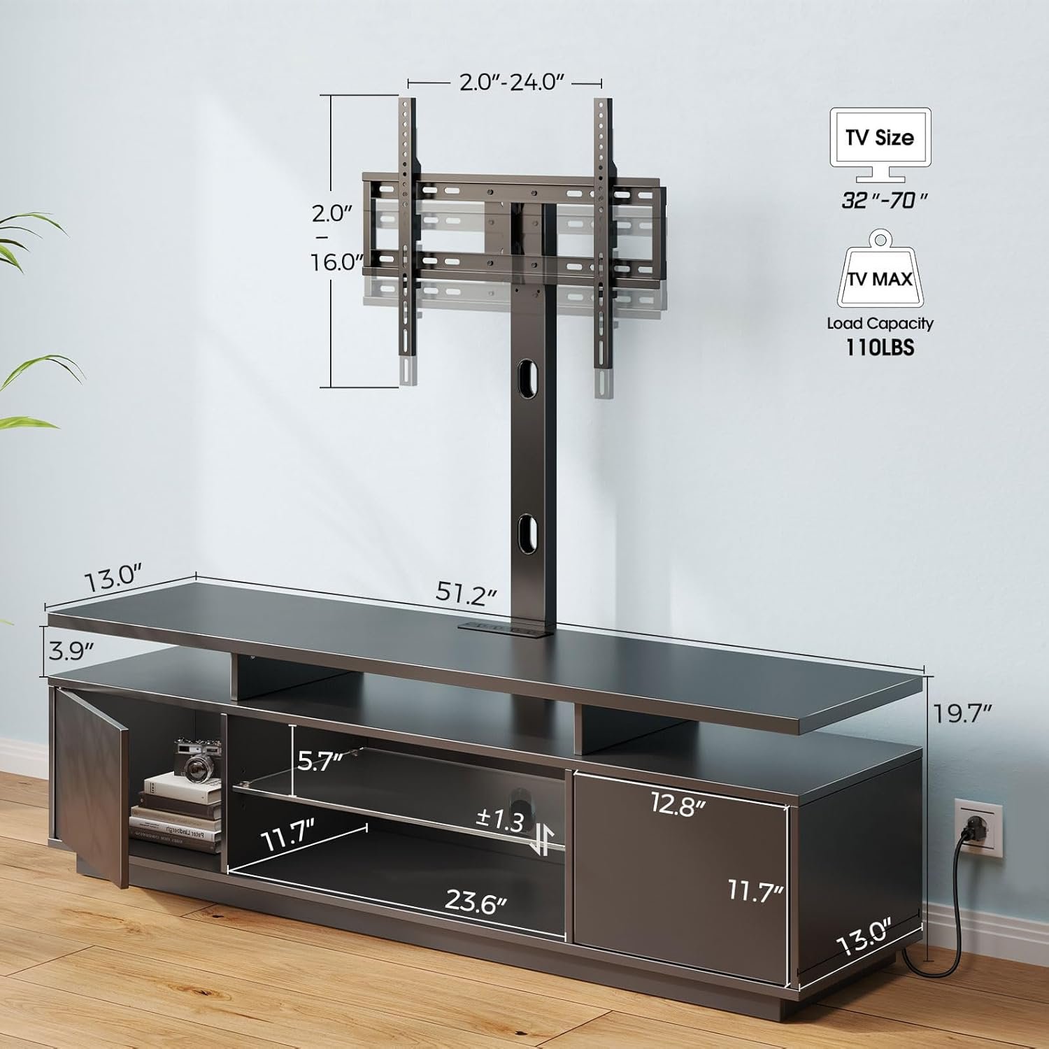 Modern TV Stand with Mount, Power Outlet & Storage (32-70 inch)
