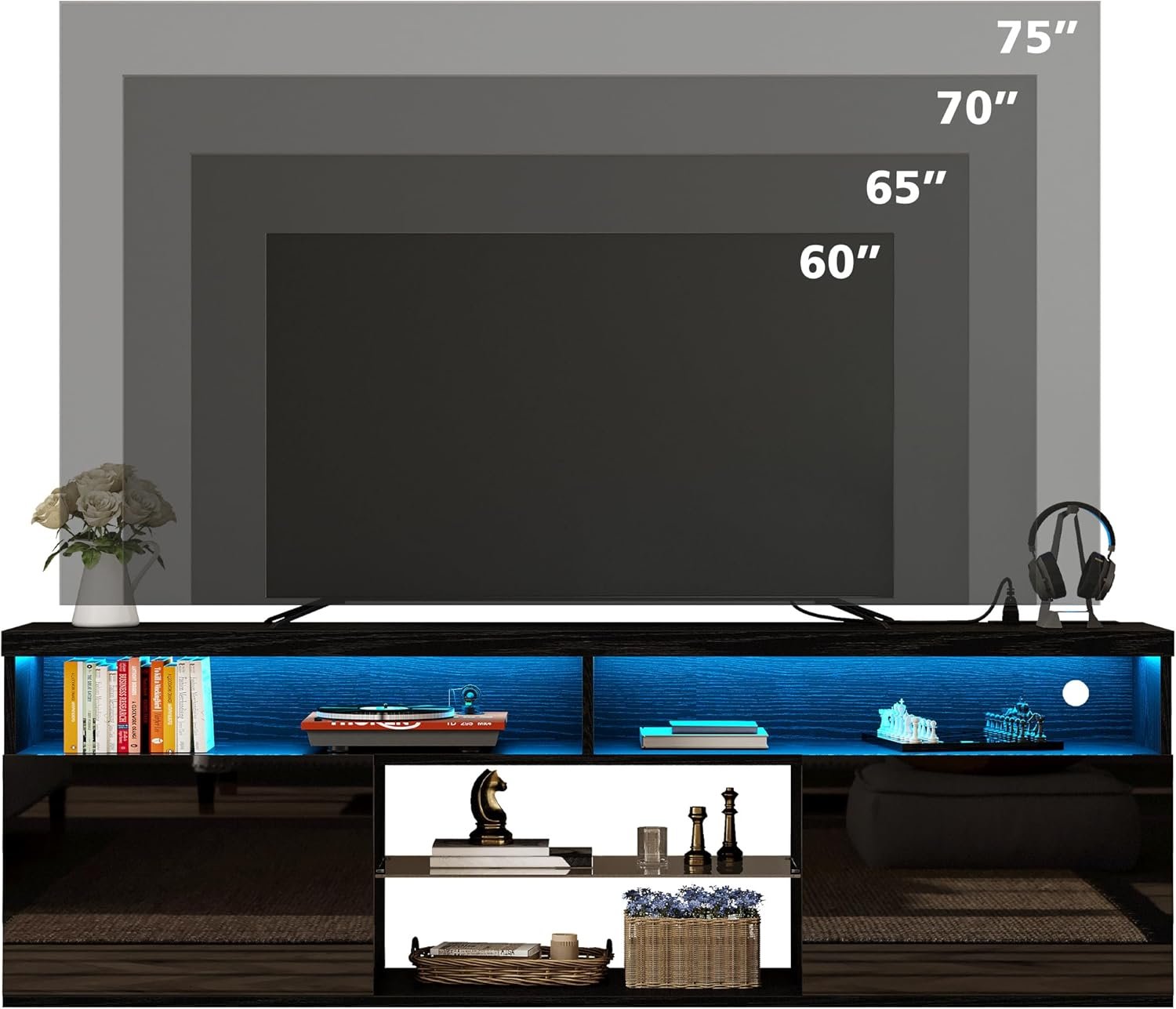 Modern 75 Inch TV Stand with LED Lighting and Power Outlet