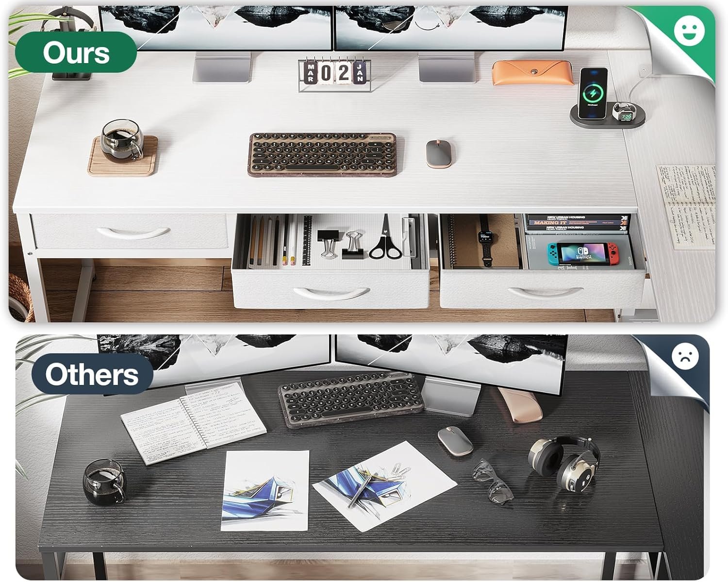 AODK 53-inch L-Shaped Desk with Drawers & Reversible Shelves, White