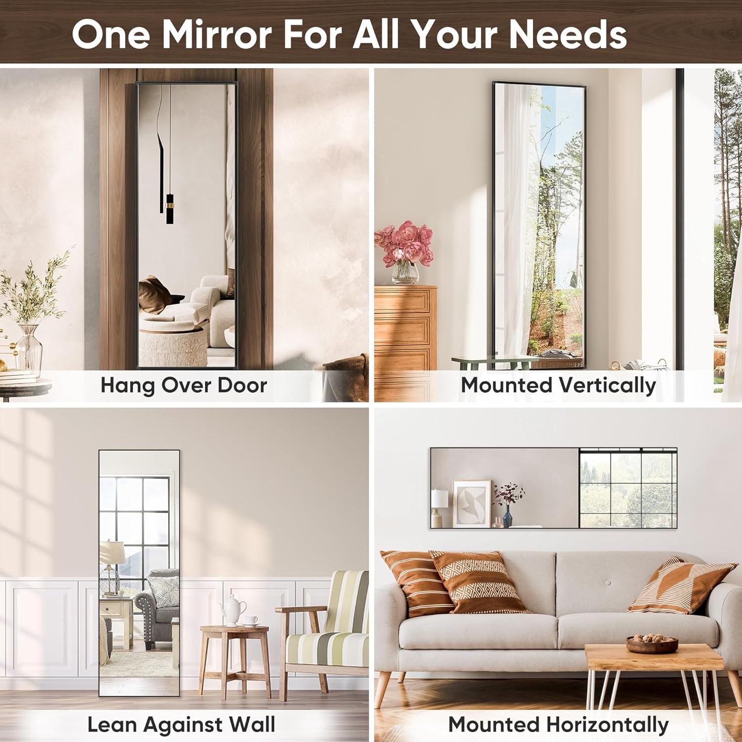 Black Full-Length Over-the-Door Rectangular Mirror, 14" x 48"