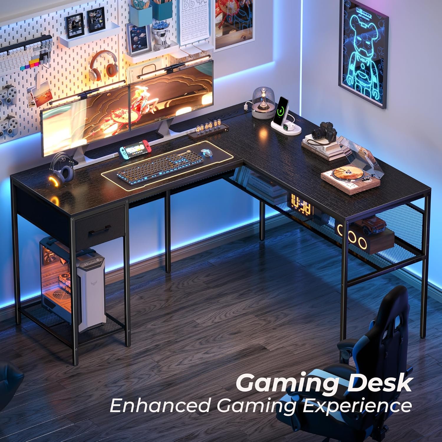 SUPERJARE L-Shaped Power Desk, Home Office, Black