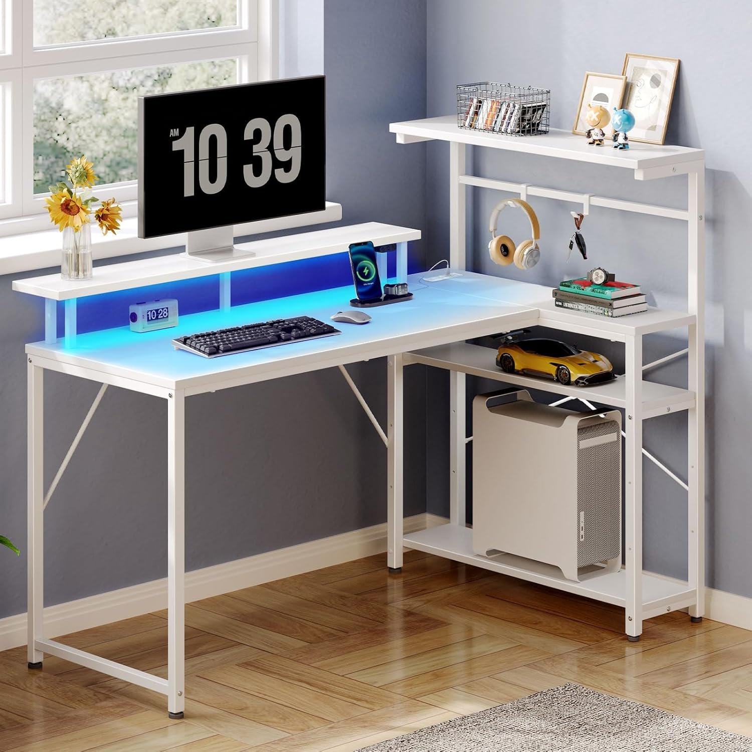 Seventable L-Shaped Gaming Desk with Monitor Stand & LED Light, White