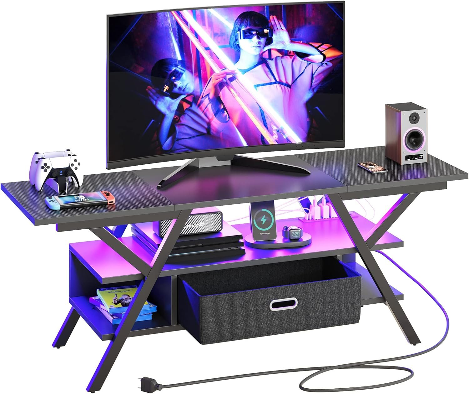 Bestier Carbon Fiber Black LED Gaming TV Stand for Up to 65-Inch TVs with Power Outlets