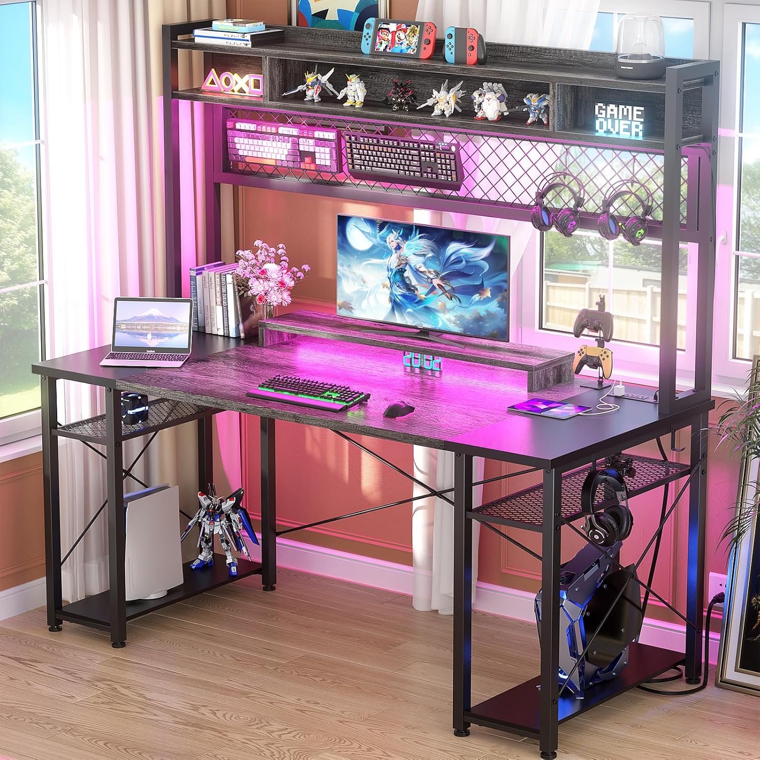 Gamer Desk with Hutch and LED Charging Station