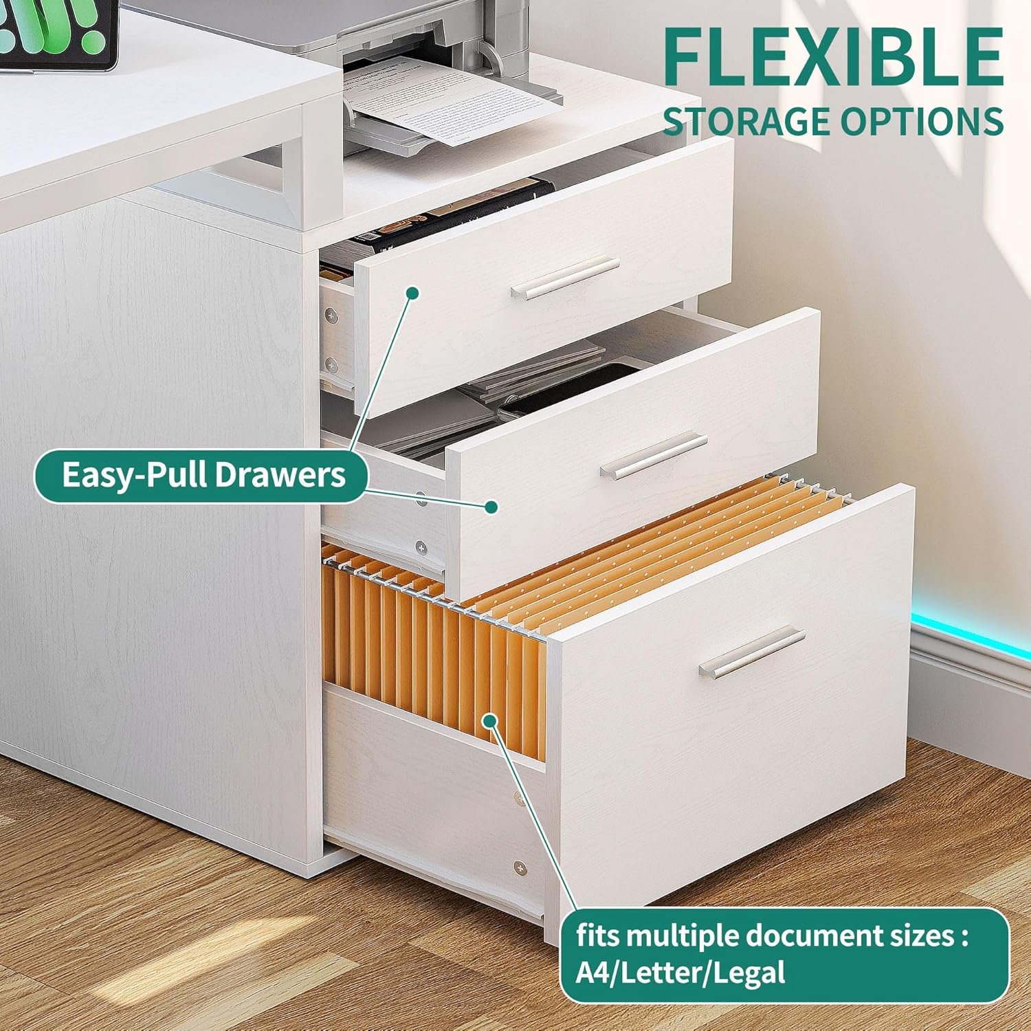 Ergonomic L-Shape Desk with Drawers, Outlets & Lighting